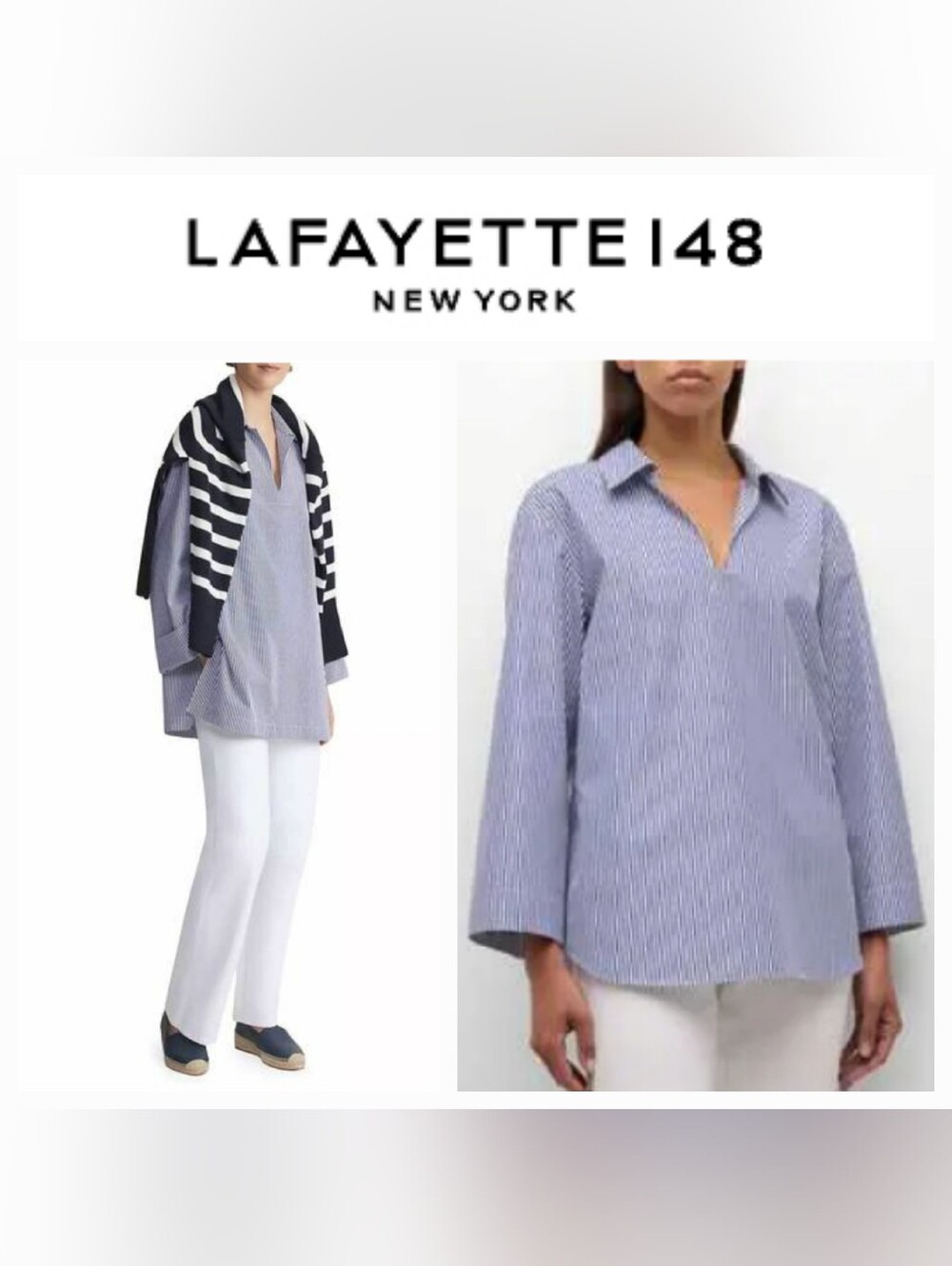 Lafayette 148 NY Blue & White Stripe Bracelet-sleeve Cotton Popover Shirt Sz XL